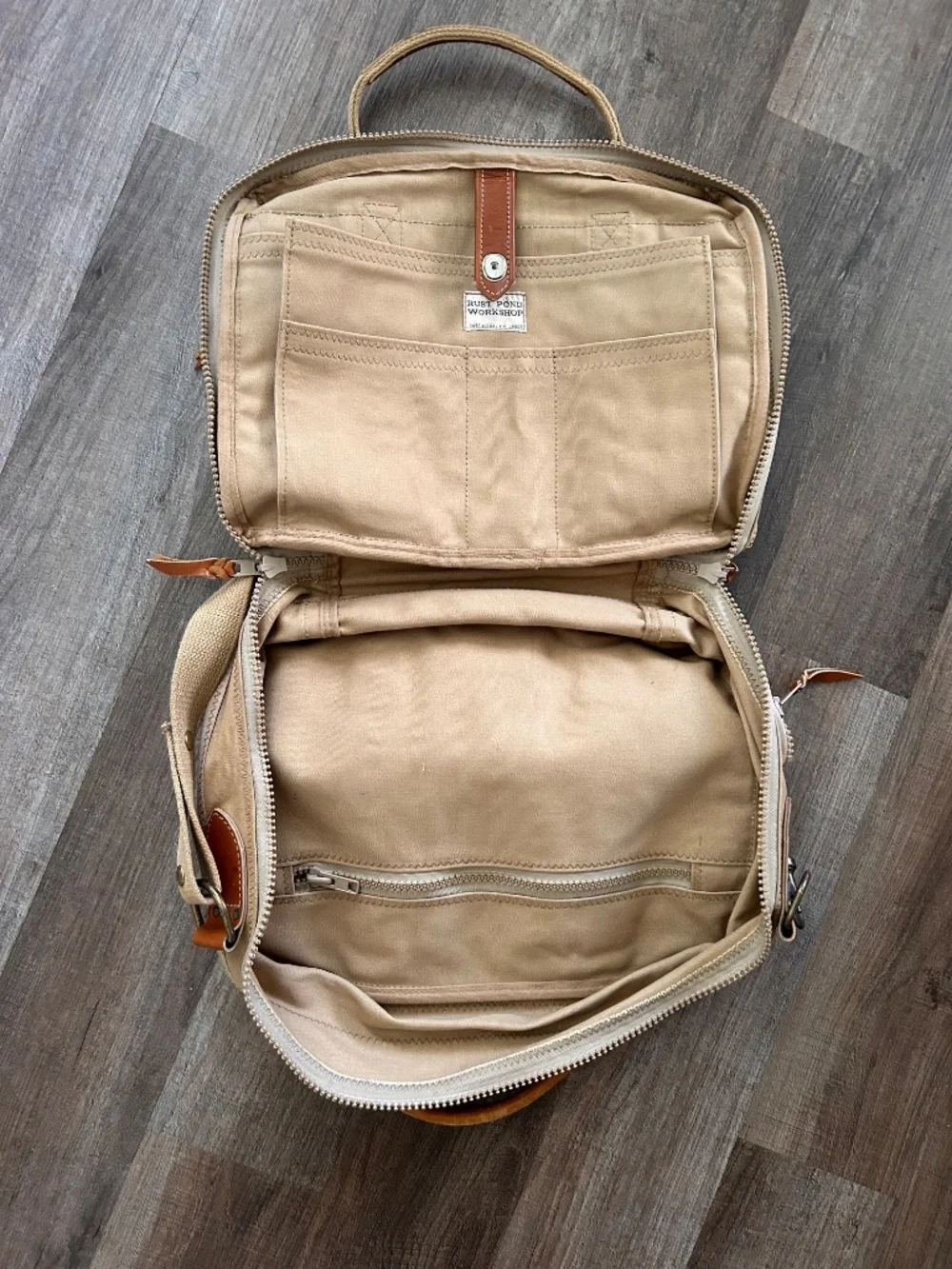 Rust Pond Workshop EUC tan heavy cotton canvas leather soft bag briefcase 17 in